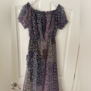 Lulus Neva Navy Blue Floral Print off-the-shoulder Maxi Dress